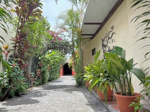 A narrow pathway flanked by potted plants and a building with a mural. - Alana Hotel (Antigua Guatemala)