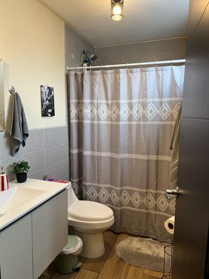 Dusche, Haartrockner, Handtücher, Seife