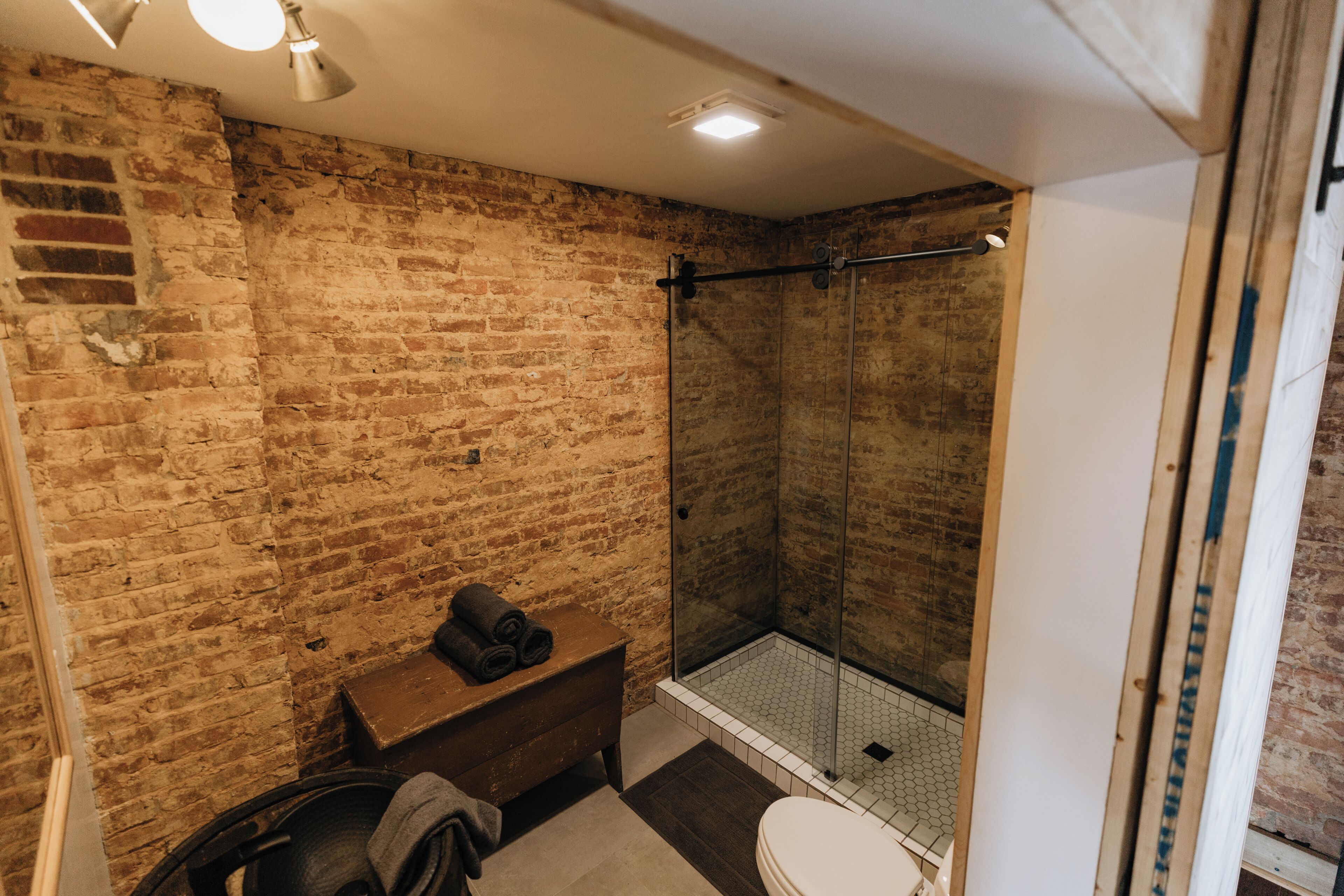 Hair dryer, towels, soap, toilet paper