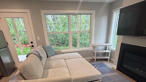 Een moderne woonkamer met een modulaire bank, een flatscreen televisie, een open haard en grote ramen met uitzicht op groen.