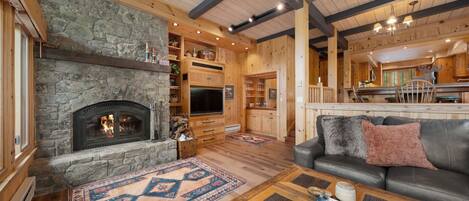 TV, fireplace, books, stereo