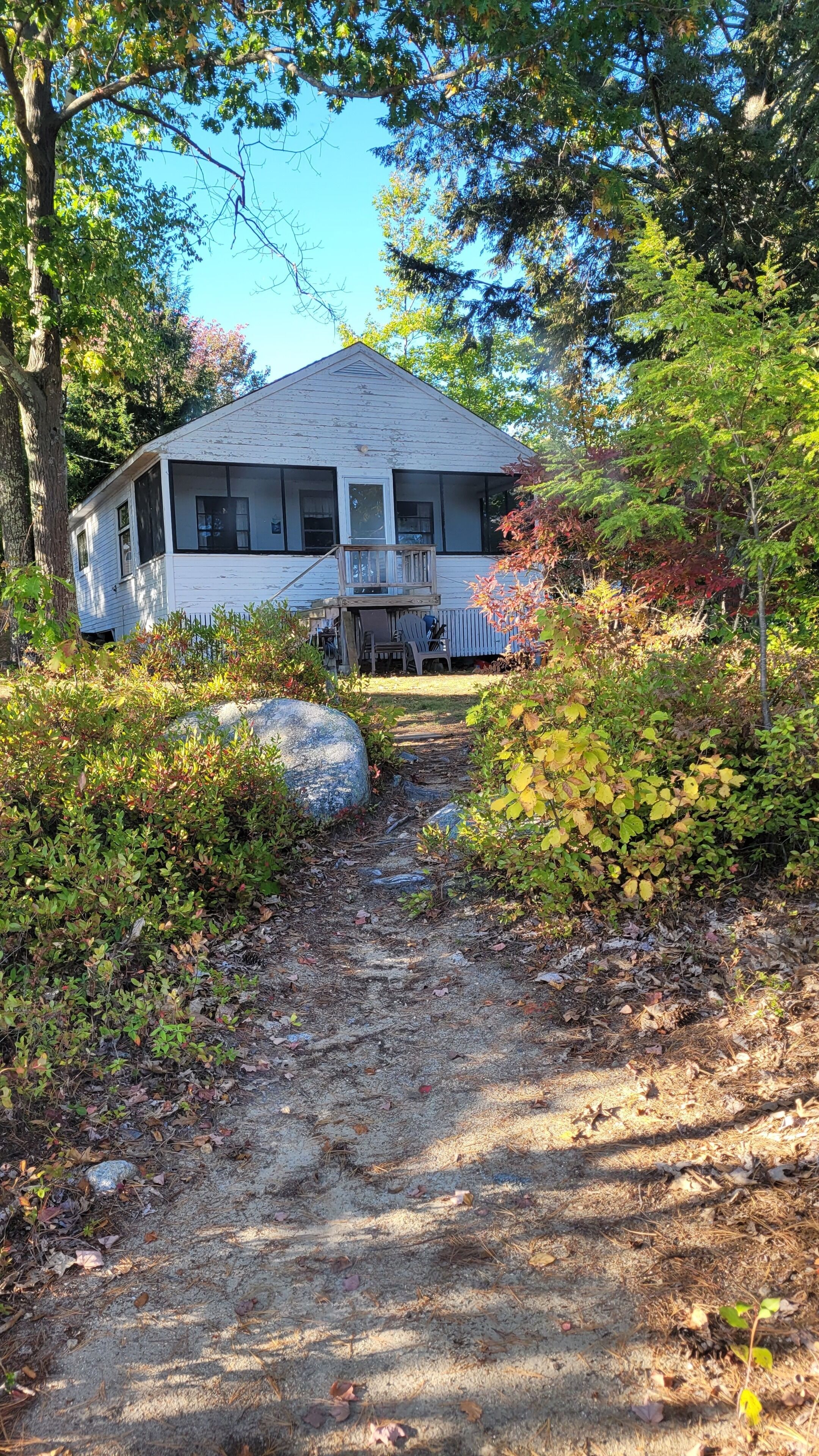 A house with a porch, a pathway leading to it, and surrounding vegetation.