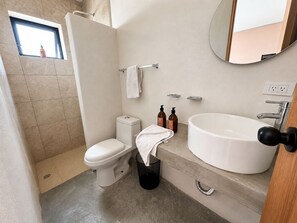 Ein Badezimmer mit Toilette, Waschbecken, Spiegel und Dusche.