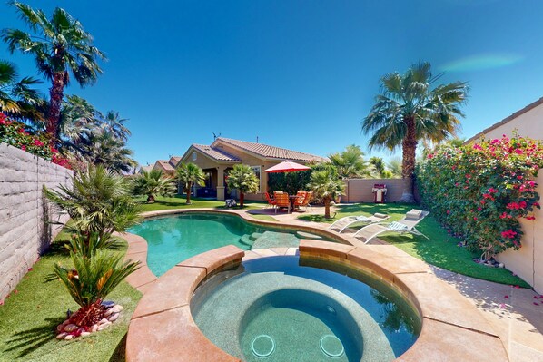 Pool - 1-story home near golf with pickleball & private outdoor pool/spa - 55+ to rent (Indio)