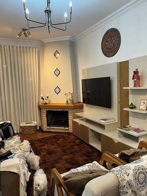 Ein Wohnzimmer mit Kamin, Fernseher und Regalen mit Büchern und Dekoration.
