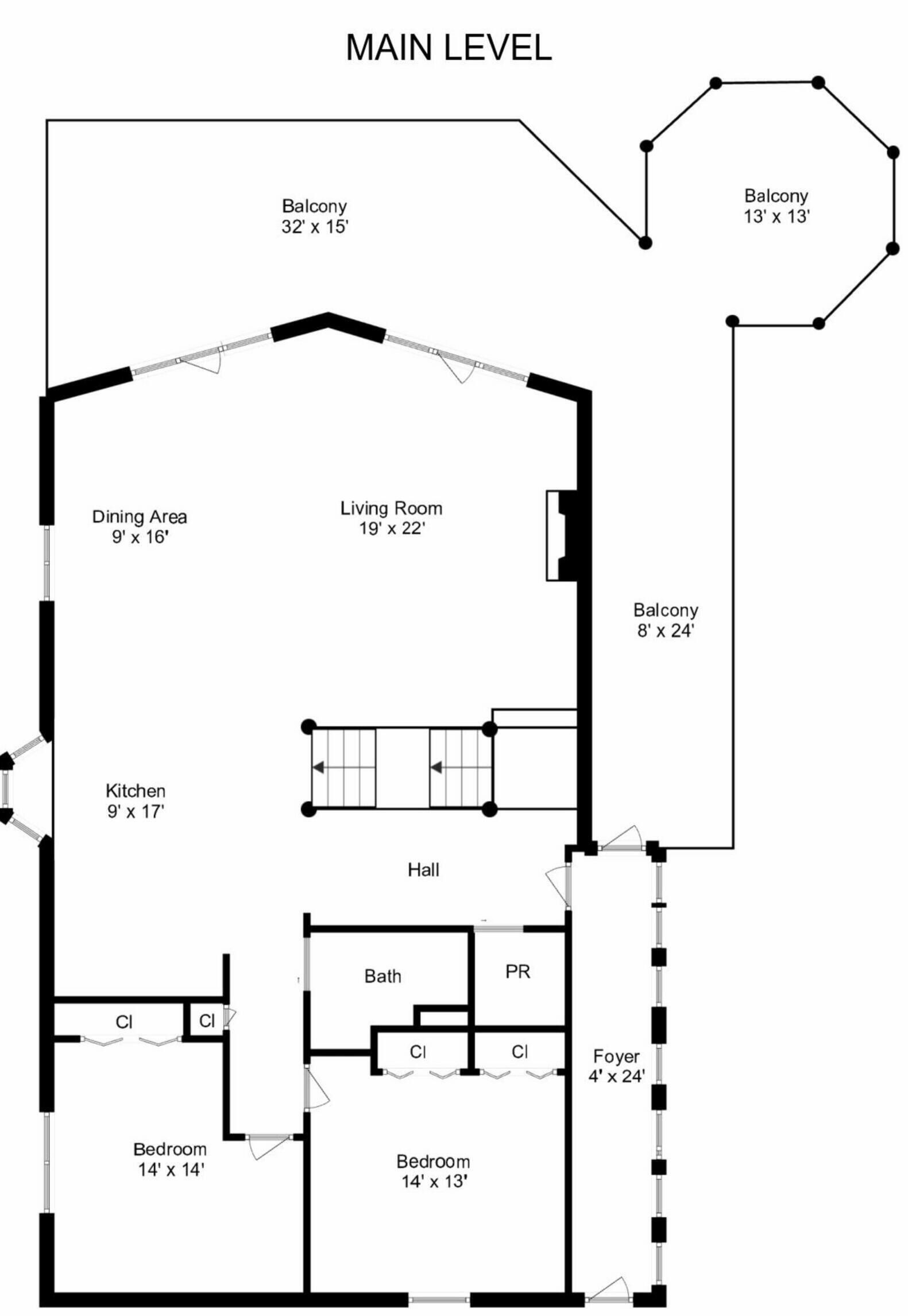 A floor plan of a main level with a dining area, living room, kitchen, hall, two bedrooms, a bathroom, a foyer, and three balconies.