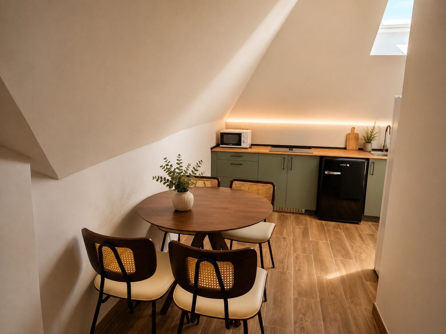 Una cocina compacta con zona de comedor, microondas, refrigerador y una planta en maceta.