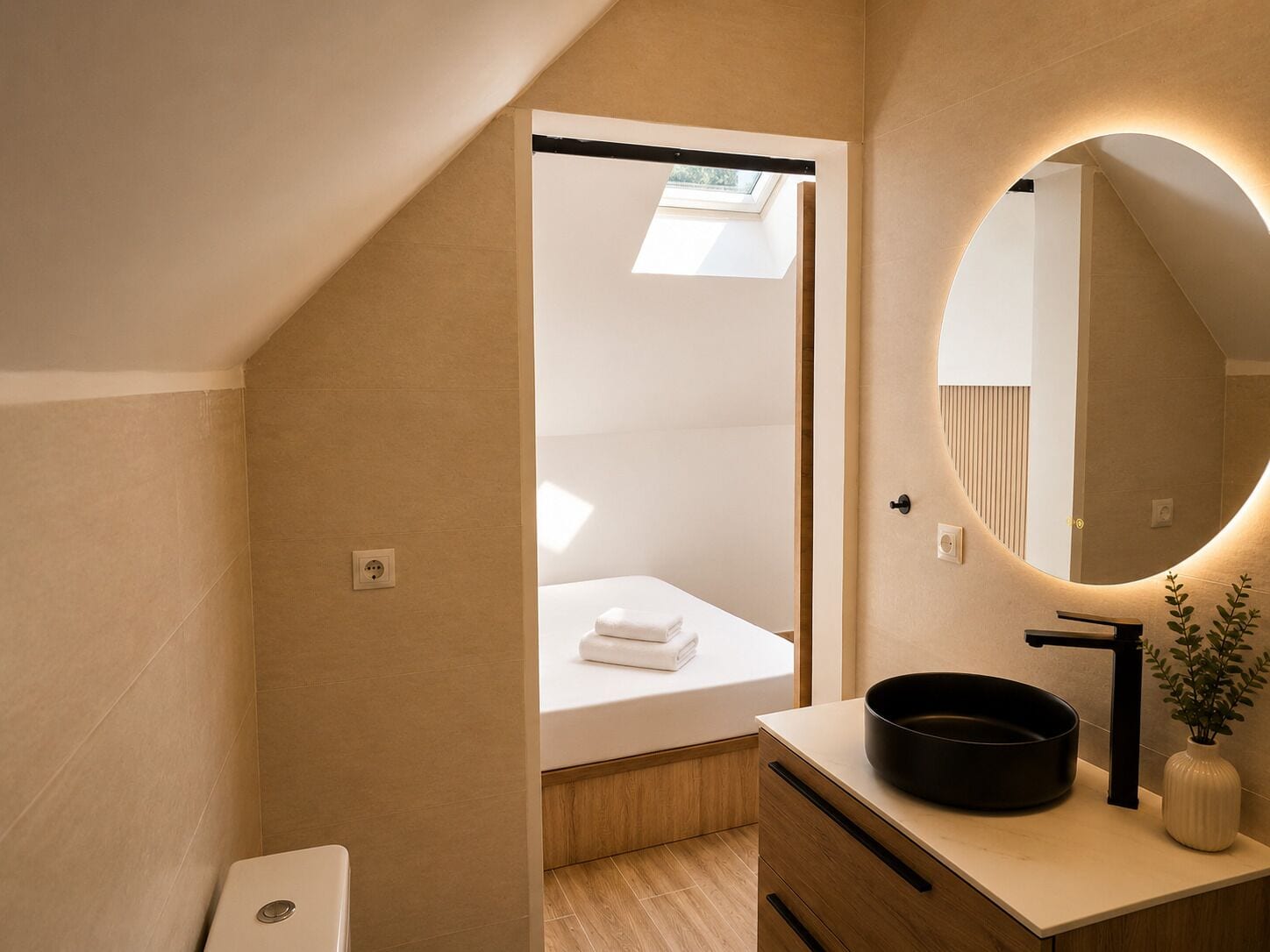 Een moderne badkamer met dakraam, ronde spiegel, zwart wastafel en wit toilet.
