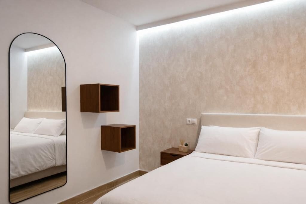 Una habitació d'hotel amb un llit gran, una taula de nit, un mirall i prestatges de fusta integrats.