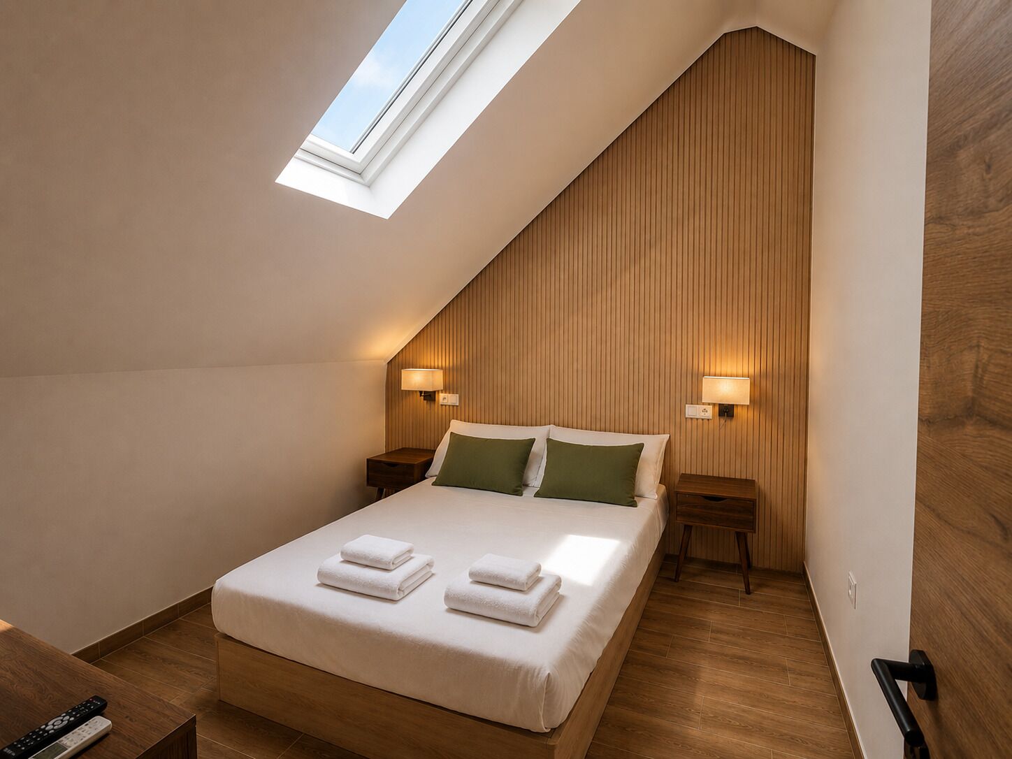 A bedroom with a sloped ceiling, wooden paneling, a skylight, a bed with pillows, bedside lamps, and a remote control on a nightstand.
