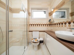 Chuveiro, secador de cabelo, toalhas de banho 