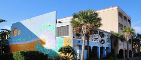 A building with a colorful mural, a palm tree, and a sign that reads 'Casa de Coral'.