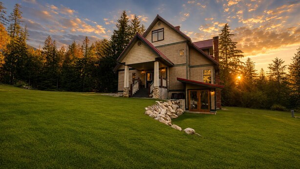 A two-story house with a front porch, a stone wall, and a well-maintained lawn. - 12 ACRES RETREAT Seclusion in nature - private estate (Procter)