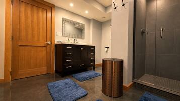 Shower, eco-friendly toiletries, hair dryer, towels