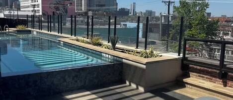 A rooftop pool with a city view, lounge chairs, and a clear sky.