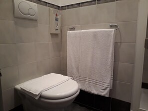 Kylpyhuone, jossa on wc, valkoinen pyyhe ja pyyheteline sekä käsidesipannin.