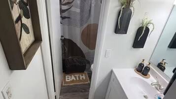 Hair dryer, towels, soap, toilet paper