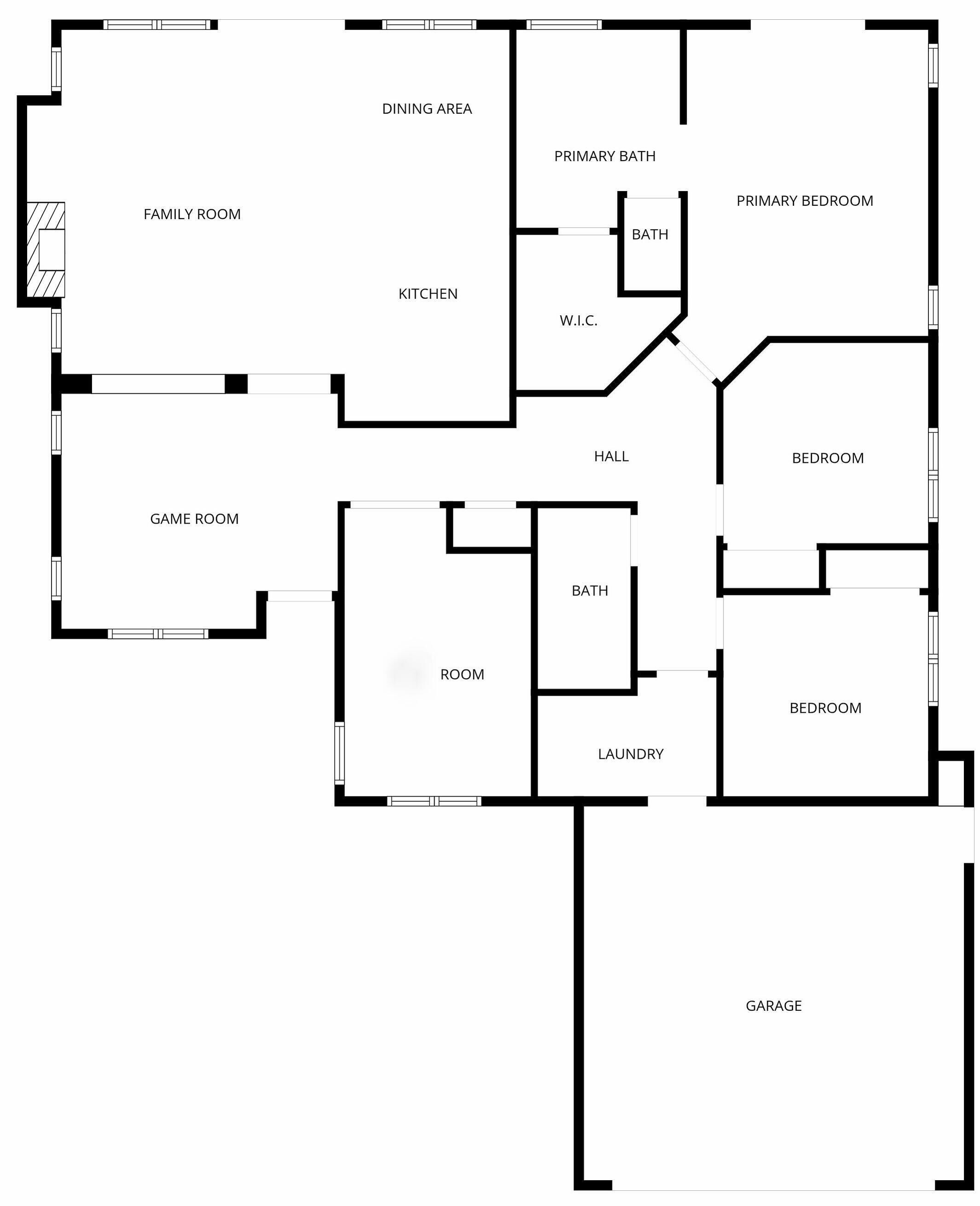 Plano de planta que muestra una sala familiar, comedor, cocina, sala de juegos, habitación principal, baño principal, aseo, pasillo, lavandería y garaje.