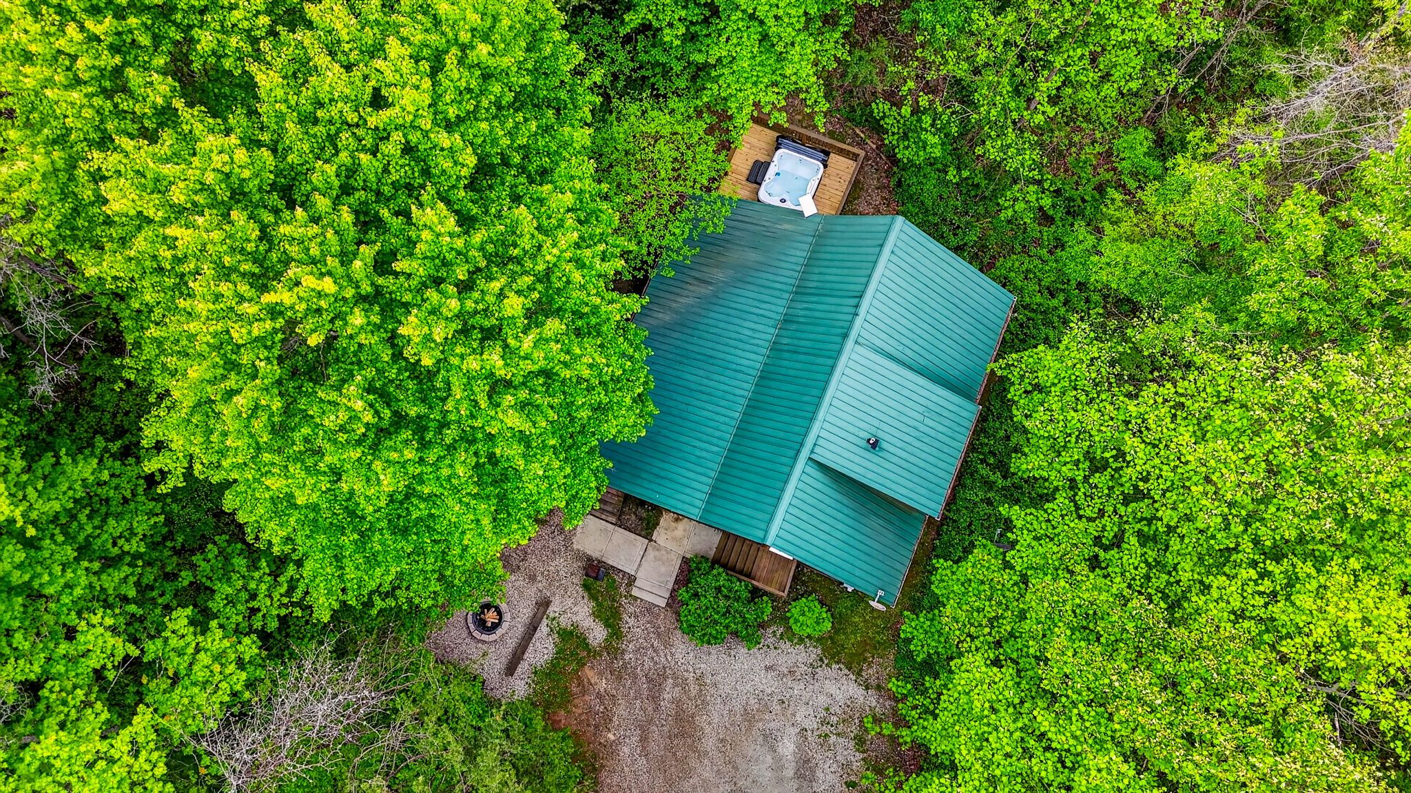 A small house with a green roof surrounded by dense green foliage.
