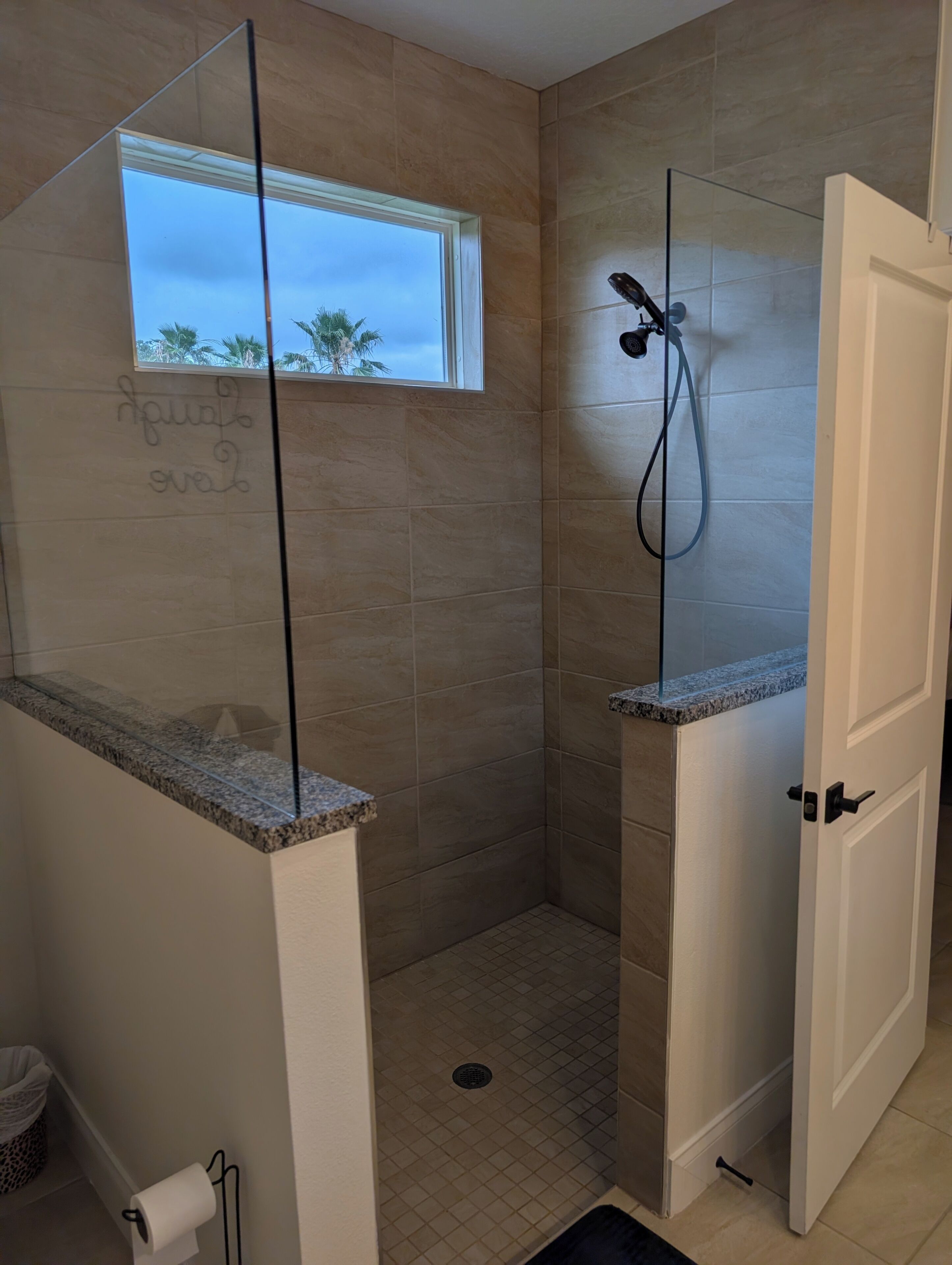 Shower, hair dryer, towels, toilet paper