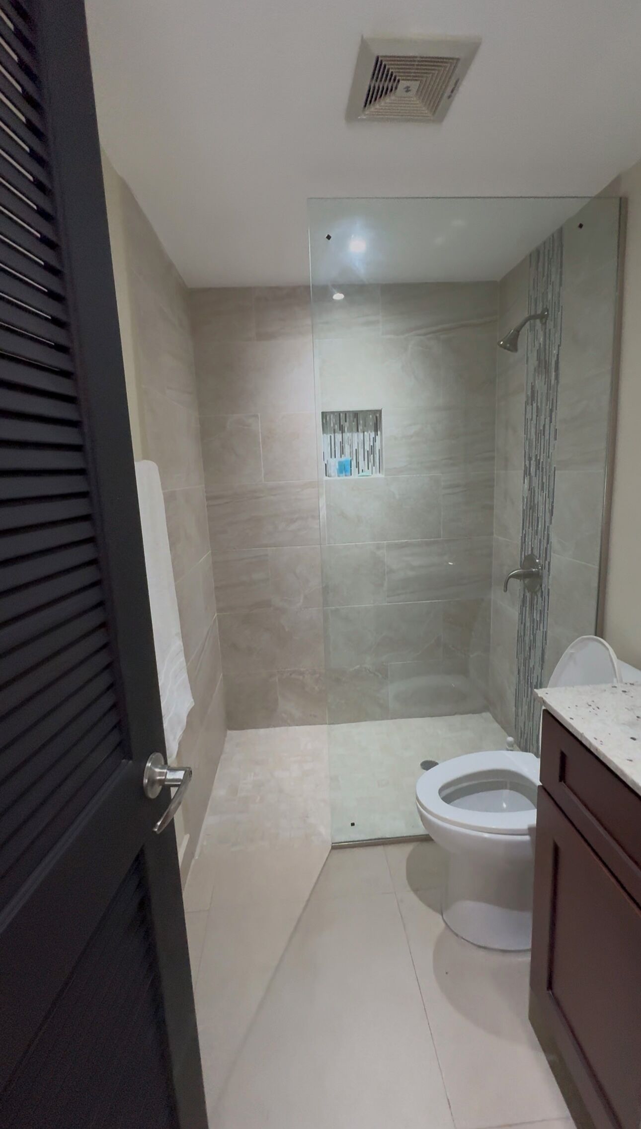 A modern bathroom with a glass shower enclosure, a toilet, and a vanity.