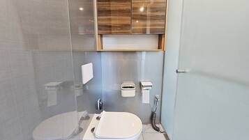 A modern bathroom with a toilet, bidet, and a shower area.