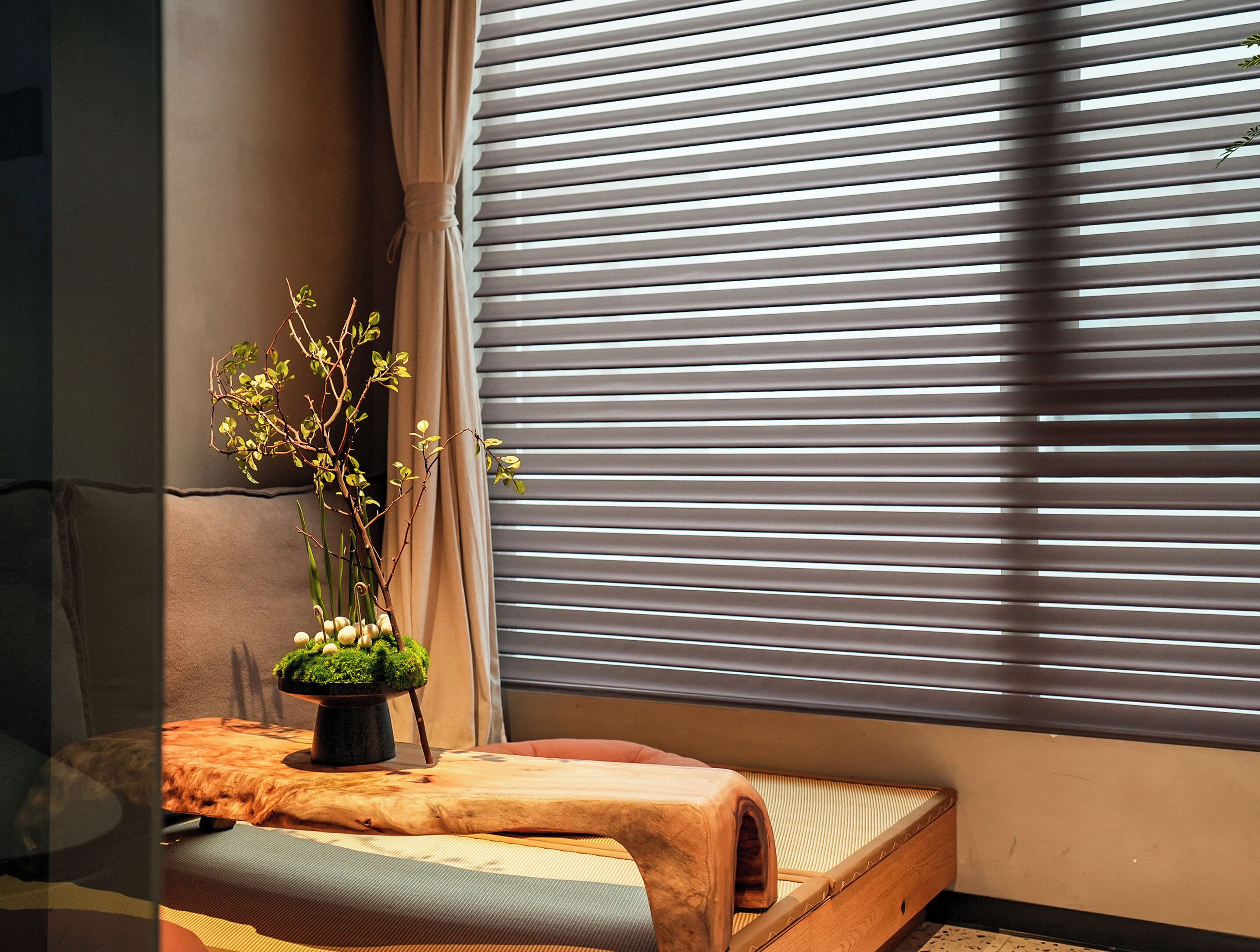 A room with a bed, a potted plant, and a window with blinds.