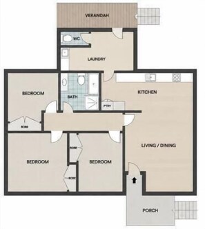 A floor plan with three bedrooms, a kitchen, a living/dining area, a bathroom, a laundry room, and a porch.