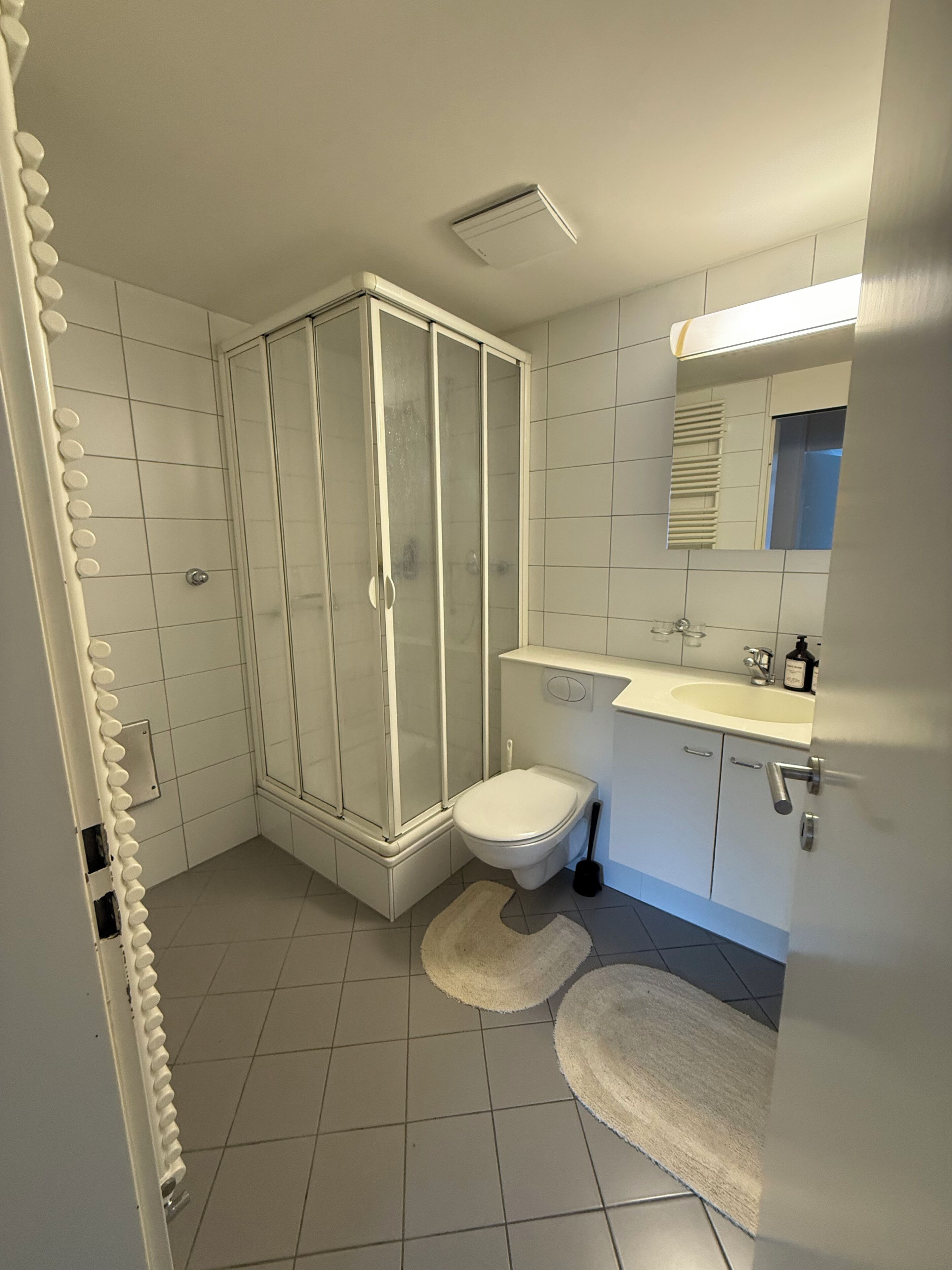 A bathroom with a shower, toilet, sink, and mirror.