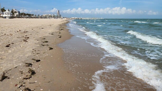 A beach with a clear sky, sandy shore, and a distant view of buildings. - 2BR Coastal Suite Walk to McGee Beach (Corpus Christi)
