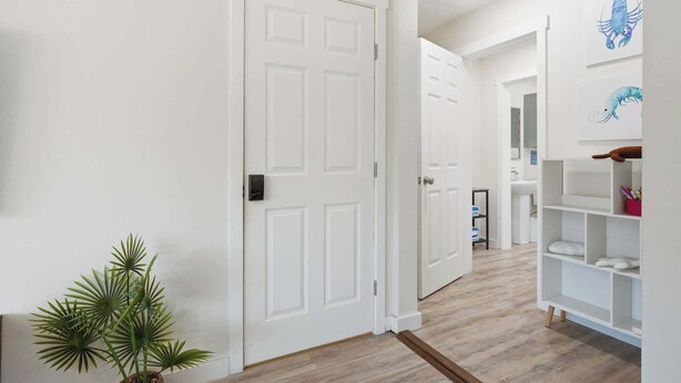 A hallway with white doors, a potted plant, and a white shelving unit with items on it.