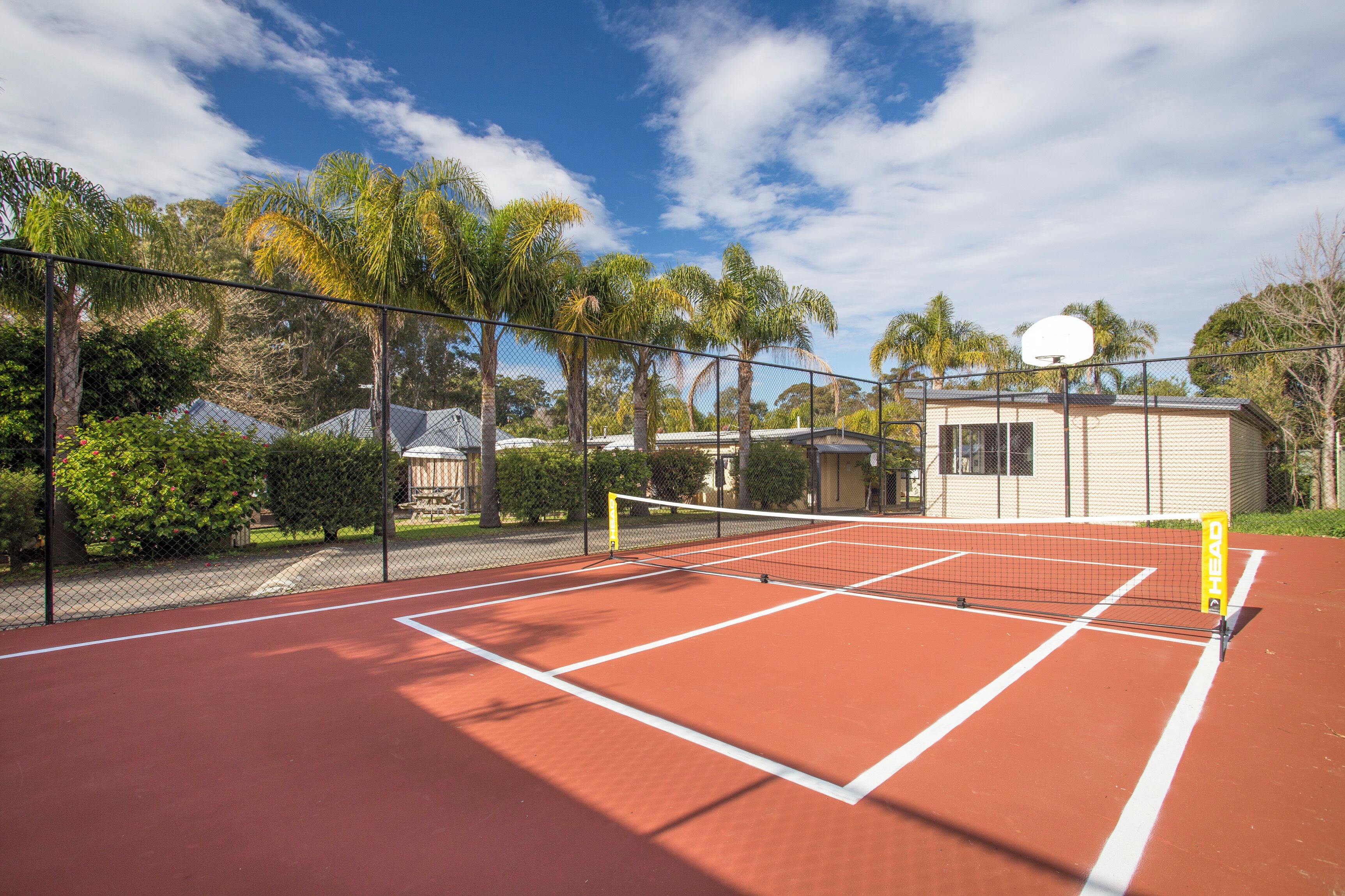 A tennis court with a net, surrounded by a fence, palm trees, and a building in the background.