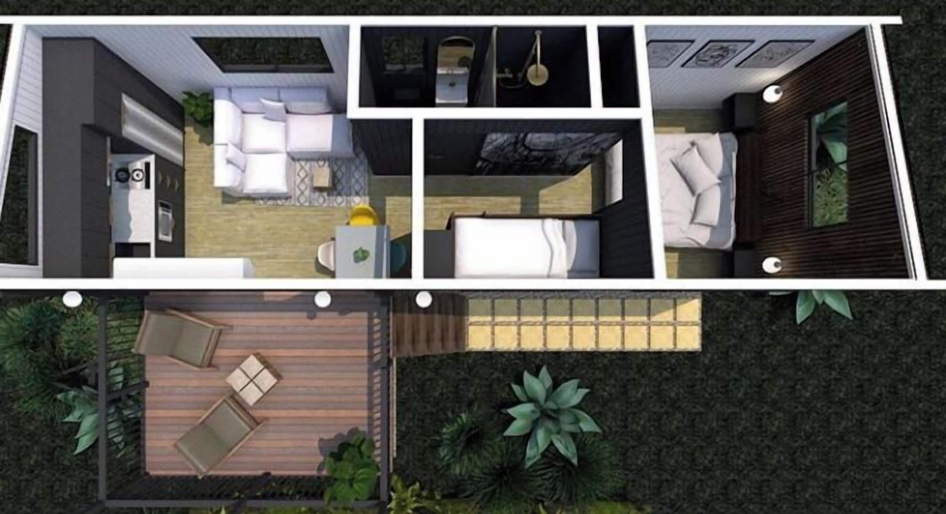 Un interior moderno con sala de estar, dormitorio y una pequeña terraza al aire libre.