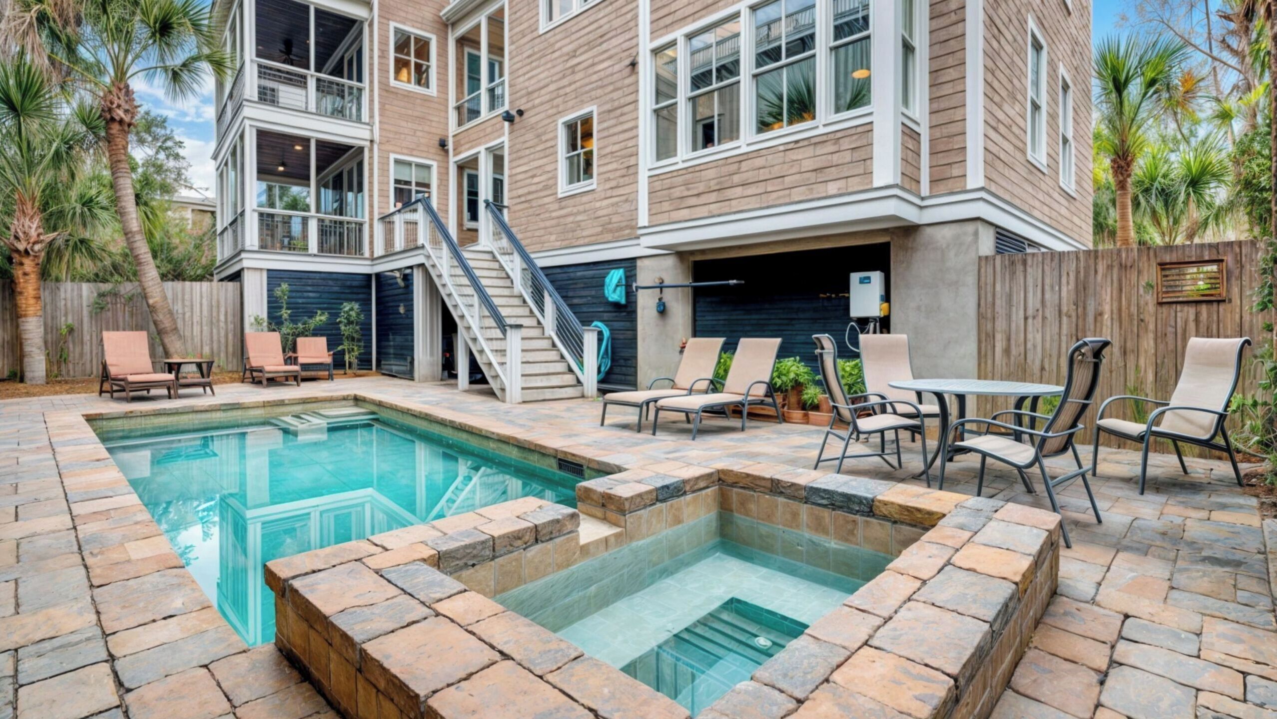A residential building with a swimming pool, outdoor seating, and a staircase leading to an upper level.