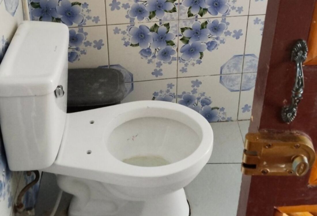Un inodoro con tanque y asiento blancos, pared de azulejos azules con motivos florales y un pomo de metal.