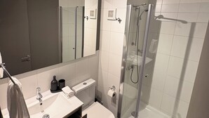 A modern bathroom with a large mirror, a toilet, a sink, and a glass-enclosed shower. - Movistar Arena Santiago Chile : Fantasilandia Concerts : Subway 10 Minutes away (Santiago)