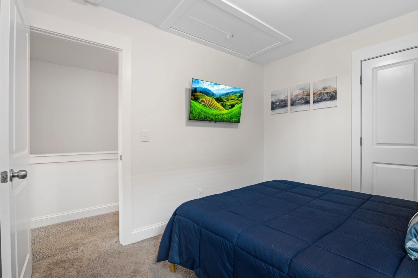 Een slaapkamer met een bed, een deur, een aan de muur bevestigde televisie en drie ingelijste foto's.