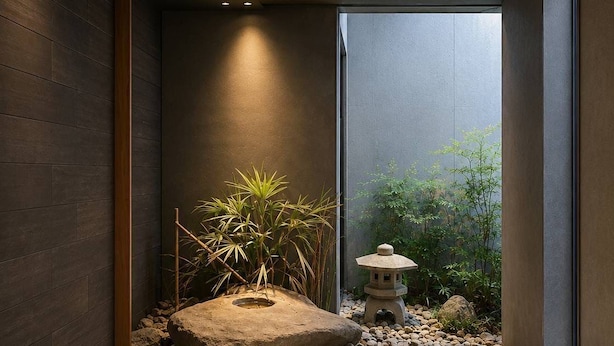 A modern interior with a stone lantern, a small water feature, and a view of greenery outside. - KIORI Collection Gokomachi (Kyoto)