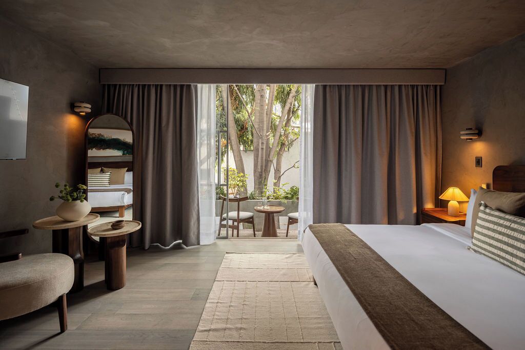 Habitación de hotel con cama, zona de estar con sillas, una mesita, televisor y vista a los árboles por la ventana.