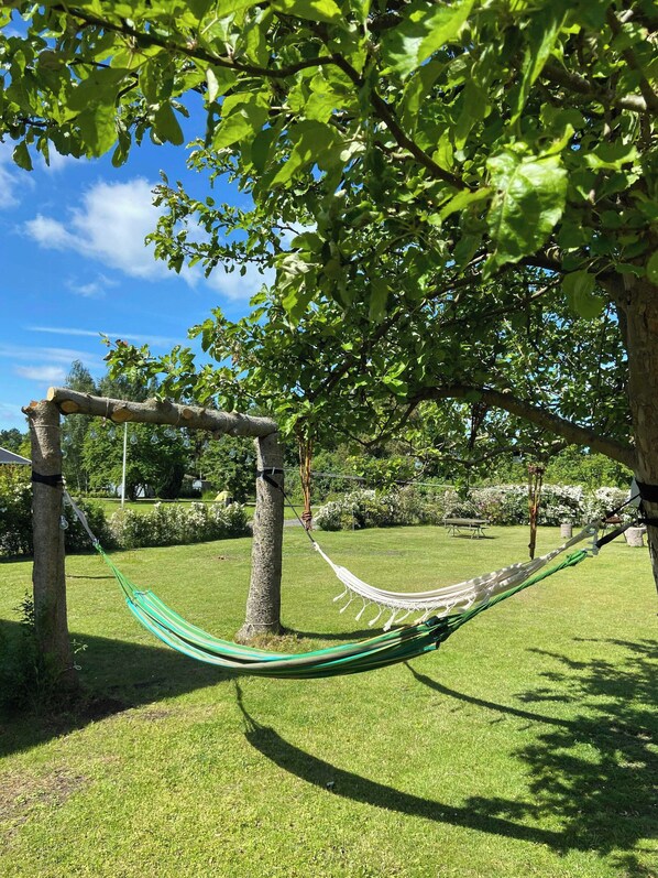 Un hamac est suspendu entre deux arbres dans une zone herbeuse, sous un ciel dégagé.