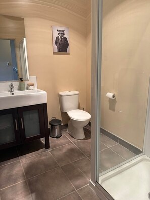 Douche, séchoir à cheveux, serviettes fournies, savon