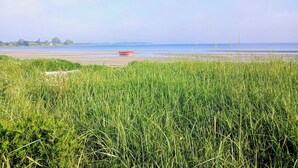 Une plage avec un bateau sur le sable et de hautes herbes au premier plan.