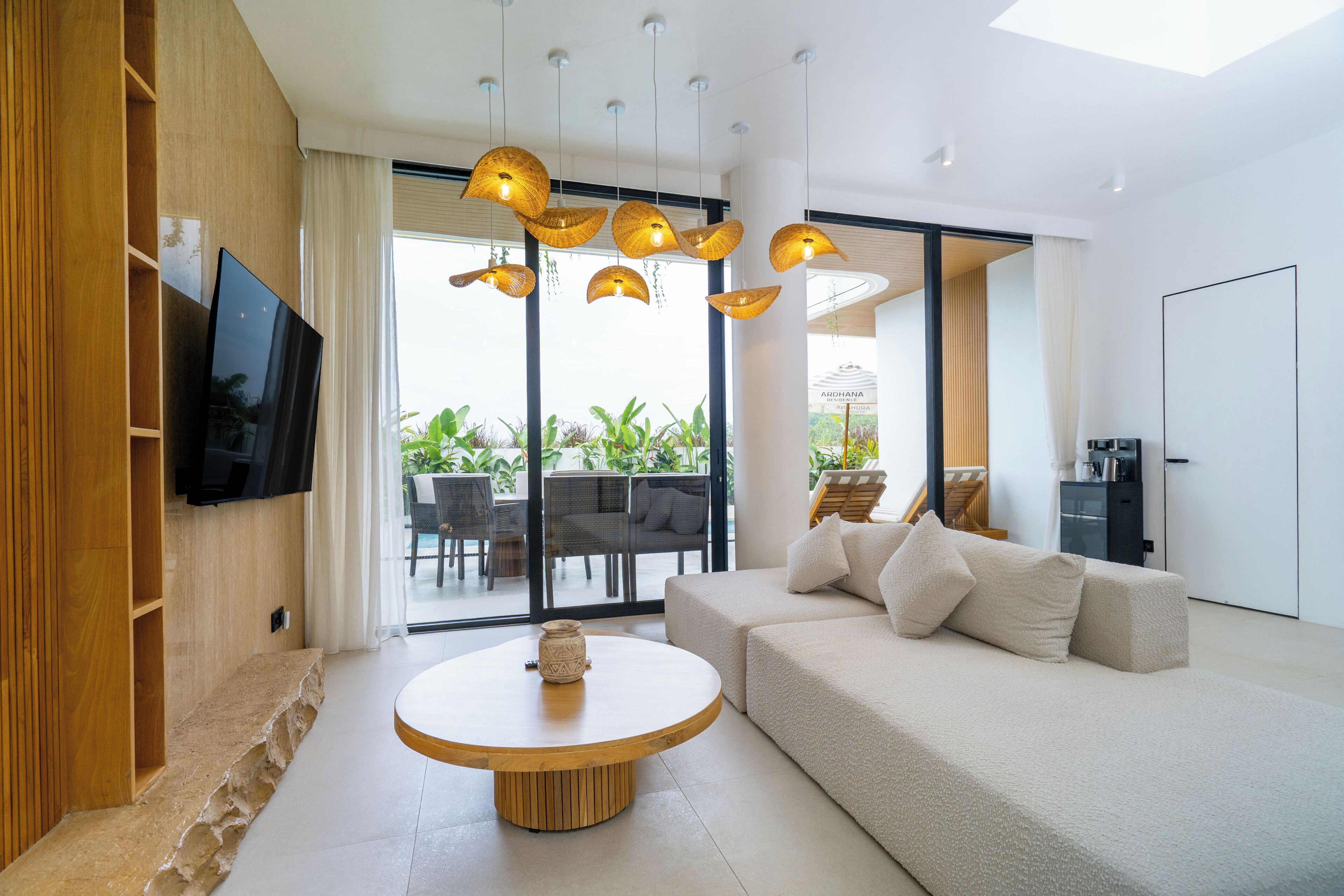 Deluxe Villa, 3 Bedrooms, Pool View | Living area | 50-inch Smart TV with digital channels