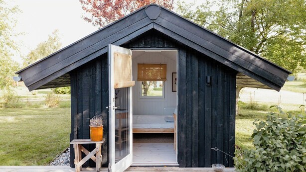 Eine kleine Holzhütte mit einem Bett, einem Stuhl und einem Tisch mit einer Zimmerpflanze.