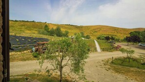 Ländliche Landschaft mit einem Feldweg, einer kleinen Holzhütte und einem Baum im Vordergrund.