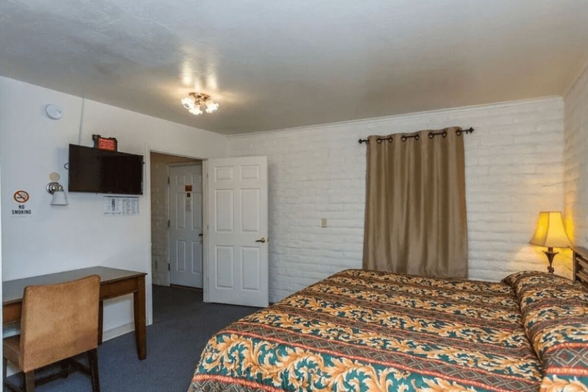 A hotel room with a bed, a desk, a chair, a television, a lamp, and a door.