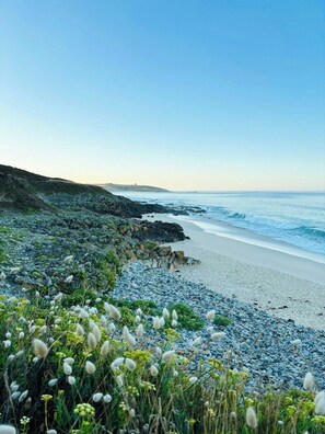 A coastal landscape with a rocky beach, vegetation, and a clear sky. - Contemporary haven on the Breton coast (Plouhinec)