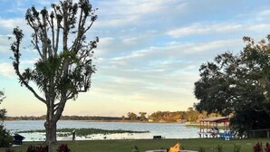A lakeside patio with a fire pit, a large tree, and a gazebo in the background. - Private Lakefront Retreat Pool Spa Tiki (Sebring)