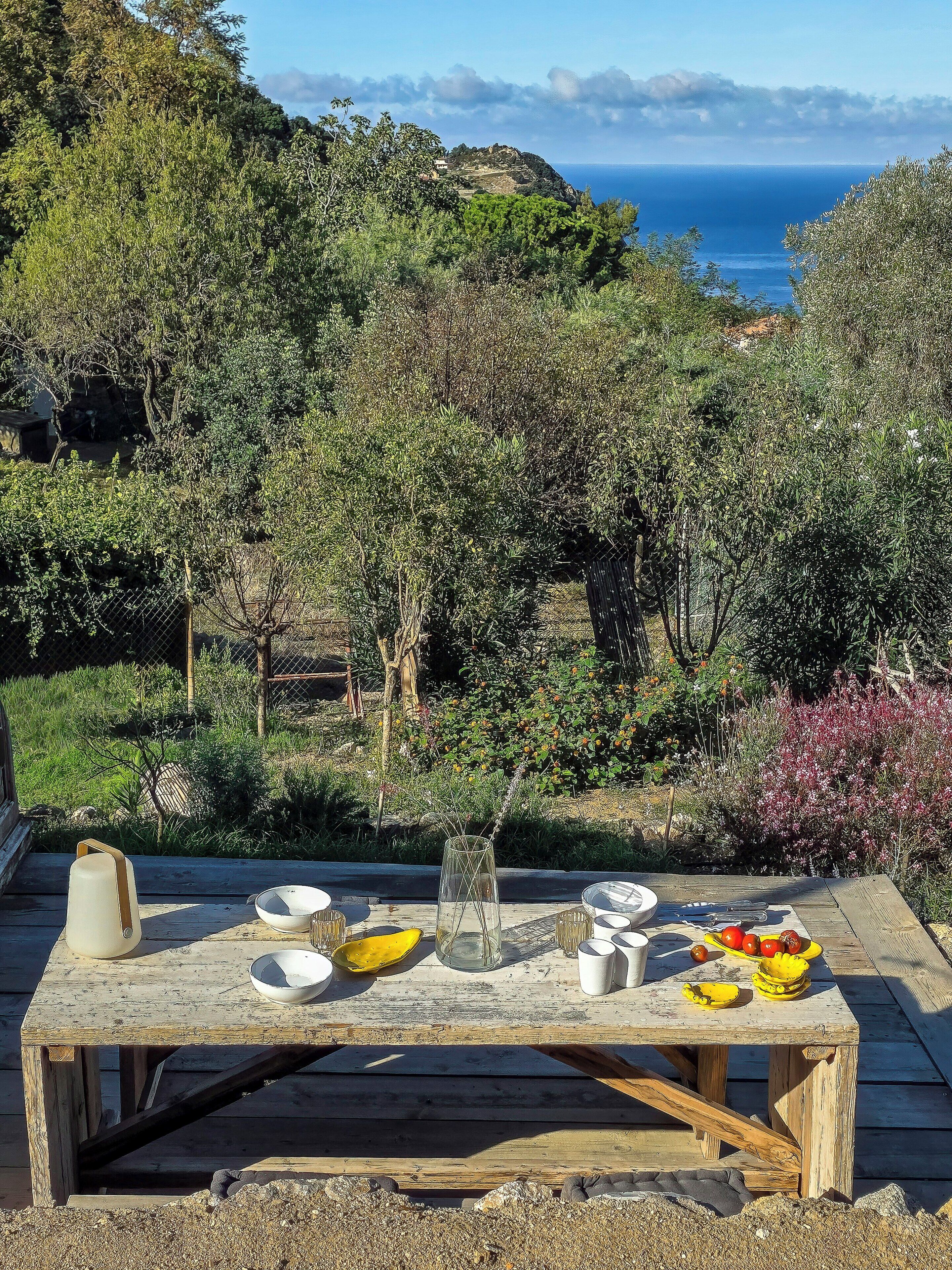 Mesa de madera al aire libre con vajilla y una jarra, rodeada de follaje y con vistas a un paisaje costero.