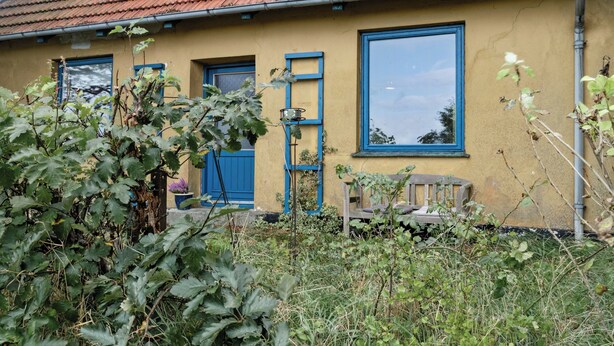 Een huis met een rood pannendak, een gele gevel en blauwe kozijnen.